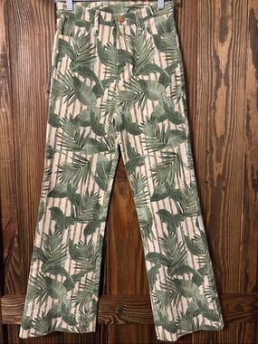 Green Tropical Leaf Print Wide-Leg Pants
